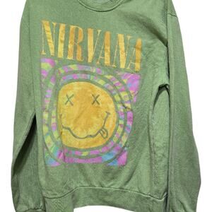 Nirvana Smiley Face Sweatshirt M Green Graphic Grunge Band